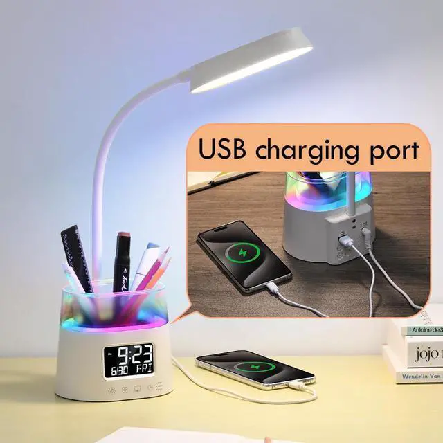 Alt view image 5 of 7 - WILIT LED Desk Lamp for Home Office with Pen Holder, RGB Night Light, White | Table Lamp for Bedroom with USB Charging Port & Clock, Study Lamp for Kids Girls, Desk Light for College Dorm Room Essenti