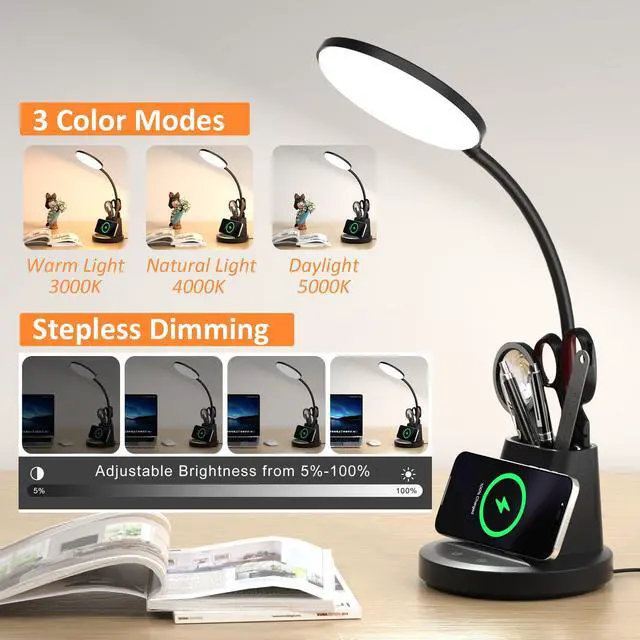 Alt view image 3 of 7 - LED Desk Lamp with Wireless Charger for Home Office, Black | 3 Color Modes Dimmable Eye-Caring Study Desk Light for College Dorm Room, 360° Flexible Arm, Built-in Pen Holder, 800 Lumen