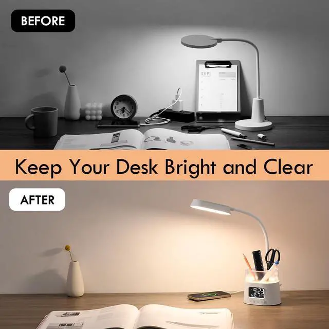 Alt view image 6 of 7 - WILIT LED Desk Lamp for Home Office with Pen Holder, RGB Night Light, White | Table Lamp for Bedroom with USB Charging Port & Clock, Study Lamp for Kids Girls, Desk Light for College Dorm Room Essenti