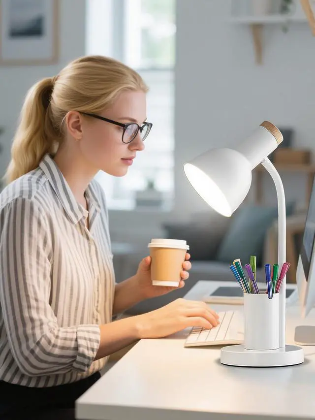 Alt view image 7 of 7 - Desk Lamp, LED Desk Lamps for Home Office, 3 Color Modes Eye-Caring Reading Light, Flexible Gooseneck Desk Light with Pen Holder, Table Lamp for Bedroom Bedside College Dorm Study Room (White lamp)