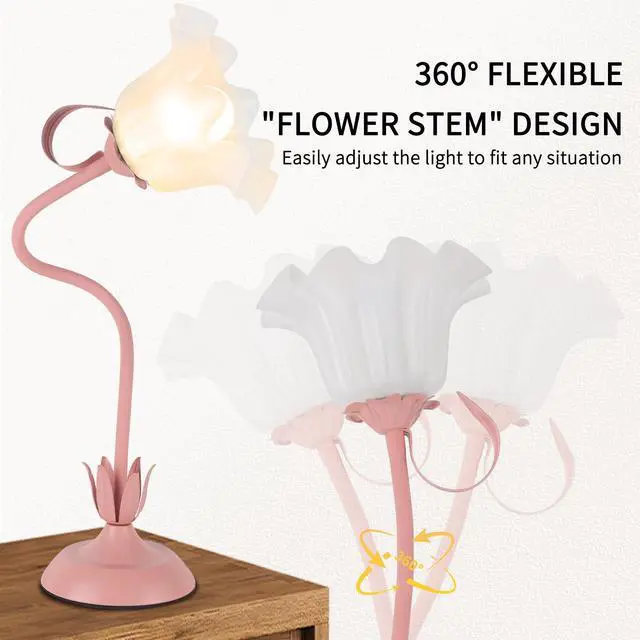 Alt view image 2 of 7 - Cute Flower Desk Lamp, 3 Color Temperature Table Lamps with LED Bulb, Vintage Bedside Lamp, Reading Lamps with Soft Light for Bedroom, Living Room(Pink)