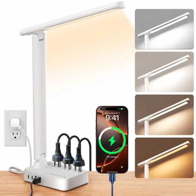 Main image of LED Desk Lamp with Power Strip, 3 AC Outlets, 4 USB Ports, Stepless Dimming | 2800K-6500K Color, 2 USB-C, Foldable Design, Timer & Memory, Study, Home Office & College Dorm, 5FT Cord