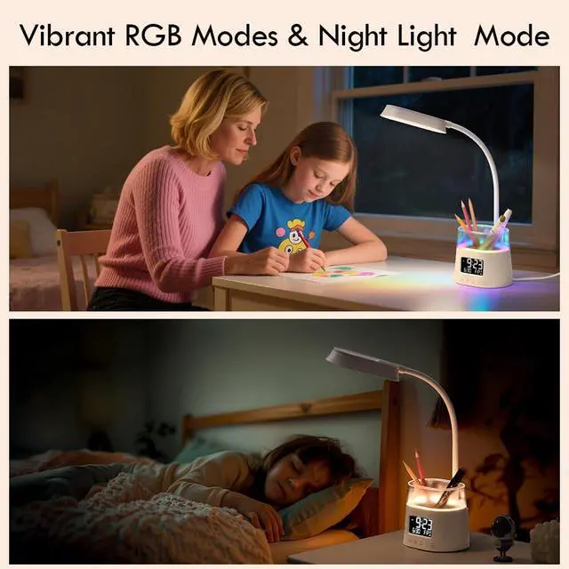 Alt view image 7 of 7 - WILIT LED Desk Lamp for Home Office with Pen Holder, RGB Night Light, White | Table Lamp for Bedroom with USB Charging Port & Clock, Study Lamp for Kids Girls, Desk Light for College Dorm Room Essenti