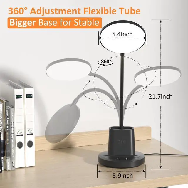 Alt view image 4 of 7 - LED Desk Lamp with Wireless Charger for Home Office, Black | 3 Color Modes Dimmable Eye-Caring Study Desk Light for College Dorm Room, 360° Flexible Arm, Built-in Pen Holder, 800 Lumen