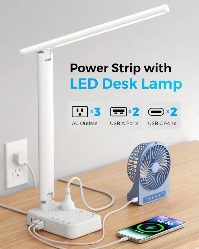 Alt view image 2 of 7 - LED Desk Lamp with Power Strip, 3 AC Outlets, 4 USB Ports, Stepless Dimming | 2800K-6500K Color, 2 USB-C, Foldable Design, Timer & Memory, Study, Home Office & College Dorm, 5FT Cord
