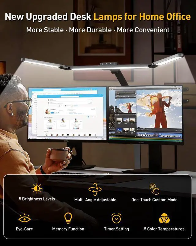 Alt view image 2 of 7 - GUARDKING Desk Lamp for Home Office with Clamp 33.4" 5 Color & 5 Brightness | Led Desk Light with Remote Control, 3-Panel, Adjustable Dimming & Color Temp, Angle, Height, for Study, Computer, Workbenc