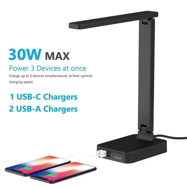 Alt view image 4 of 7 - Drevet LED Desk lamp with USB C Charging Port, Table Light with 3 USB Charger and 2 AC Power Outlet, 3 Color Model, 3 Level Brightness, Touch Control, Memory Function, Eye-Caring Office Foldable Lamp
