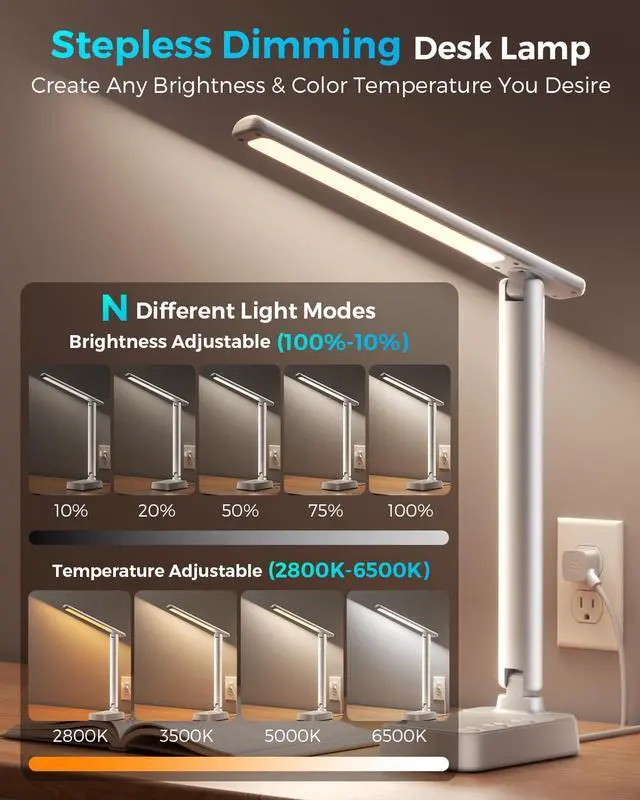 Alt view image 3 of 7 - LED Desk Lamp with Power Strip, 3 AC Outlets, 4 USB Ports, Stepless Dimming | 2800K-6500K Color, 2 USB-C, Foldable Design, Timer & Memory, Study, Home Office & College Dorm, 5FT Cord