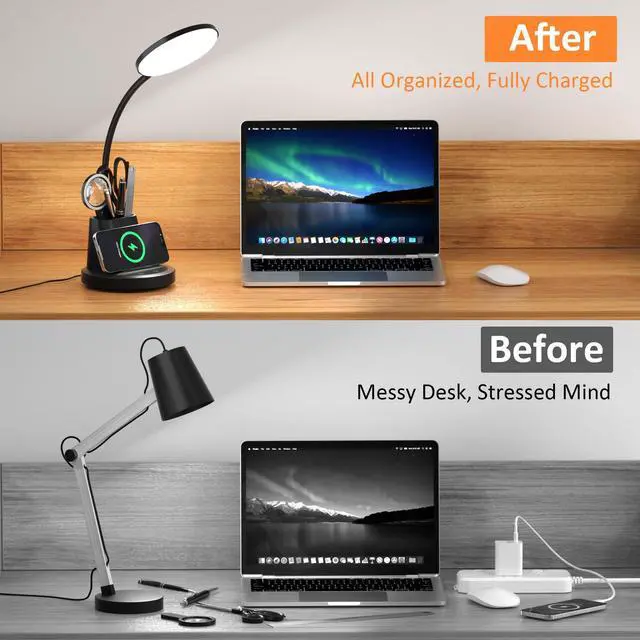 Alt view image 5 of 7 - LED Desk Lamp with Wireless Charger for Home Office, Black | 3 Color Modes Dimmable Eye-Caring Study Desk Light for College Dorm Room, 360° Flexible Arm, Built-in Pen Holder, 800 Lumen