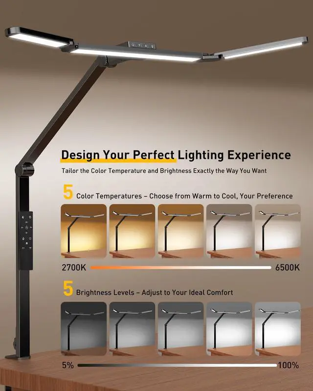 Alt view image 3 of 7 - GUARDKING Desk Lamp for Home Office with Clamp 33.4" 5 Color & 5 Brightness | Led Desk Light with Remote Control, 3-Panel, Adjustable Dimming & Color Temp, Angle, Height, for Study, Computer, Workbenc