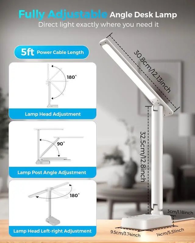 Alt view image 4 of 7 - LED Desk Lamp with Power Strip, 3 AC Outlets, 4 USB Ports, Stepless Dimming | 2800K-6500K Color, 2 USB-C, Foldable Design, Timer & Memory, Study, Home Office & College Dorm, 5FT Cord