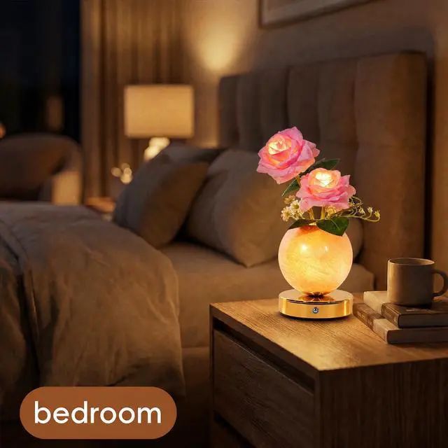 Alt view image 7 of 7 - Rose Lamp Rechargeable Wireless Touch-Control Dimmable Faux Flower Desk Light, LED Glass Planet Vase Night Light, Kitchen Bedroom Office Decor, Housewarming Gift Women and Mom