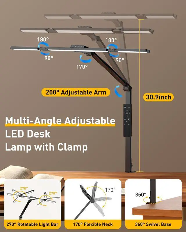 Alt view image 4 of 7 - GUARDKING Desk Lamp for Home Office with Clamp 33.4" 5 Color & 5 Brightness | Led Desk Light with Remote Control, 3-Panel, Adjustable Dimming & Color Temp, Angle, Height, for Study, Computer, Workbenc