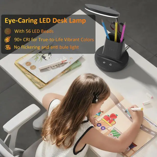 Alt view image 6 of 7 - LED Desk Lamp with Wireless Charger for Home Office, Black | 3 Color Modes Dimmable Eye-Caring Study Desk Light for College Dorm Room, 360° Flexible Arm, Built-in Pen Holder, 800 Lumen