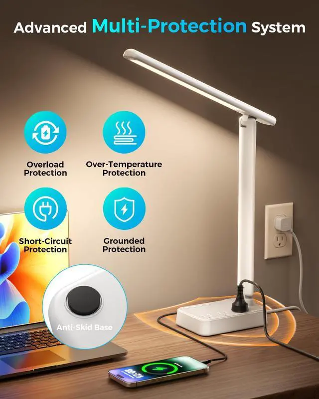 Alt view image 5 of 7 - LED Desk Lamp with Power Strip, 3 AC Outlets, 4 USB Ports, Stepless Dimming | 2800K-6500K Color, 2 USB-C, Foldable Design, Timer & Memory, Study, Home Office & College Dorm, 5FT Cord