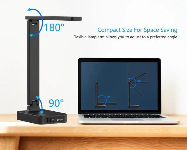 Alt view image 6 of 7 - Drevet LED Desk lamp with USB C Charging Port, Table Light with 3 USB Charger and 2 AC Power Outlet, 3 Color Model, 3 Level Brightness, Touch Control, Memory Function, Eye-Caring Office Foldable Lamp