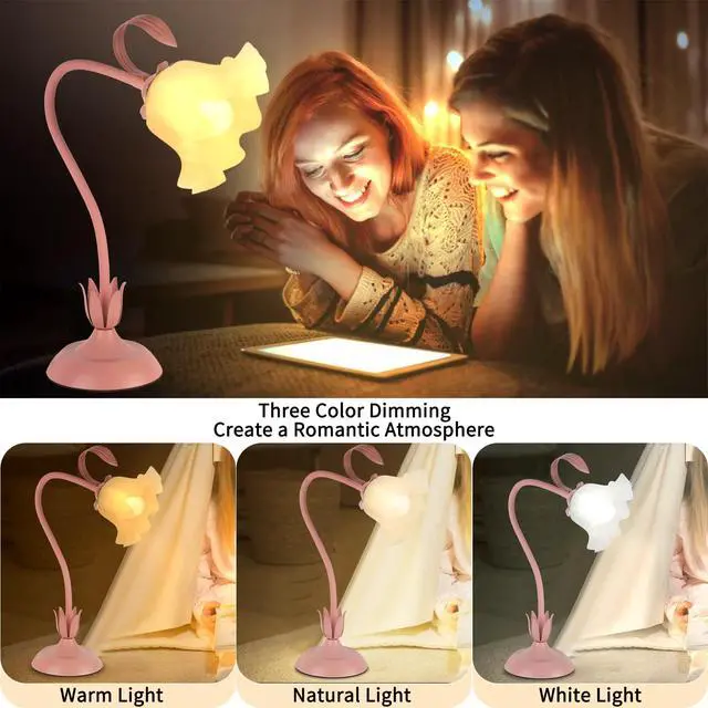Alt view image 3 of 7 - Cute Flower Desk Lamp, 3 Color Temperature Table Lamps with LED Bulb, Vintage Bedside Lamp, Reading Lamps with Soft Light for Bedroom, Living Room(Pink)