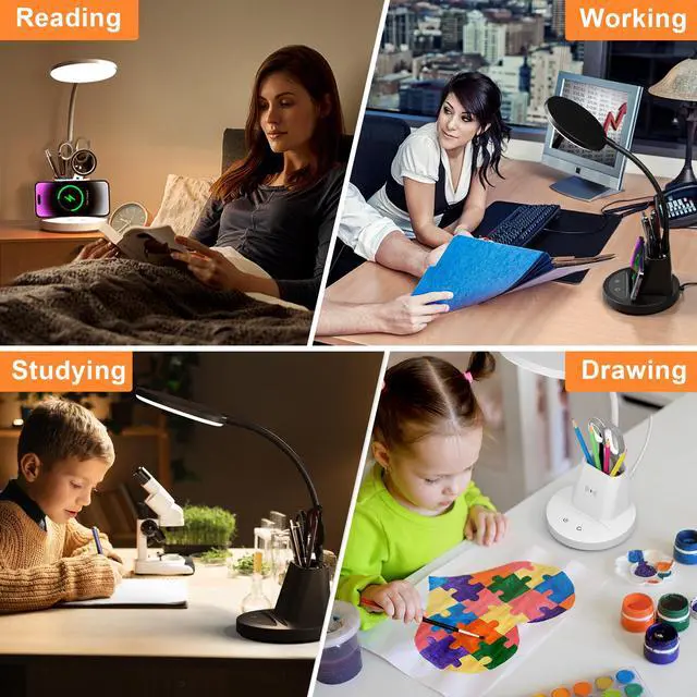 Alt view image 7 of 7 - LED Desk Lamp with Wireless Charger for Home Office, Black | 3 Color Modes Dimmable Eye-Caring Study Desk Light for College Dorm Room, 360° Flexible Arm, Built-in Pen Holder, 800 Lumen