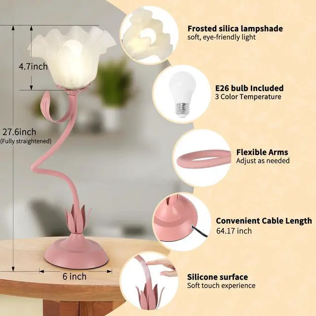 Alt view image 4 of 7 - Cute Flower Desk Lamp, 3 Color Temperature Table Lamps with LED Bulb, Vintage Bedside Lamp, Reading Lamps with Soft Light for Bedroom, Living Room(Pink)