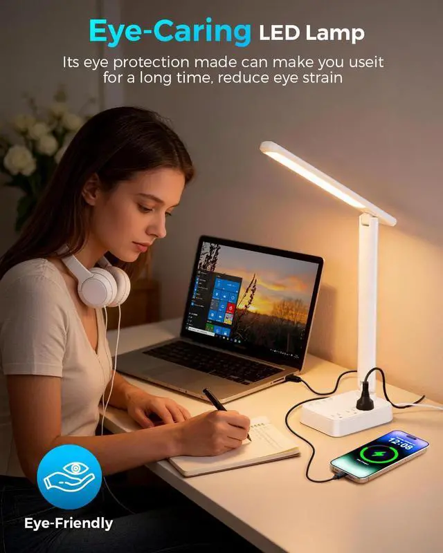 Alt view image 7 of 7 - LED Desk Lamp with Power Strip, 3 AC Outlets, 4 USB Ports, Stepless Dimming | 2800K-6500K Color, 2 USB-C, Foldable Design, Timer & Memory, Study, Home Office & College Dorm, 5FT Cord