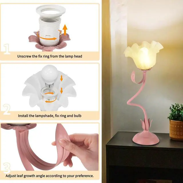 Alt view image 5 of 7 - Cute Flower Desk Lamp, 3 Color Temperature Table Lamps with LED Bulb, Vintage Bedside Lamp, Reading Lamps with Soft Light for Bedroom, Living Room(Pink)