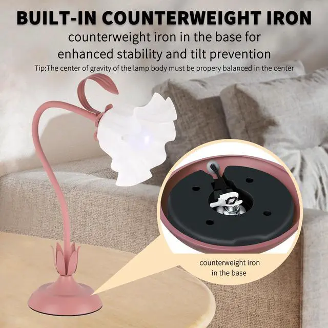 Alt view image 6 of 7 - Cute Flower Desk Lamp, 3 Color Temperature Table Lamps with LED Bulb, Vintage Bedside Lamp, Reading Lamps with Soft Light for Bedroom, Living Room(Pink)