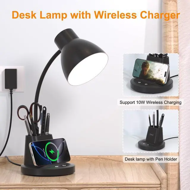 Alt view image 2 of 7 - 10W Wireless Charging LED Desk Lamp with Pen Holder, CRI 95, Black | 800LM, 3 Modes, 360°Flexible Arm, Touch, Brightness, Table Lamp for Home Office, Dorm, Bedside, Study, Reading, with Adapter