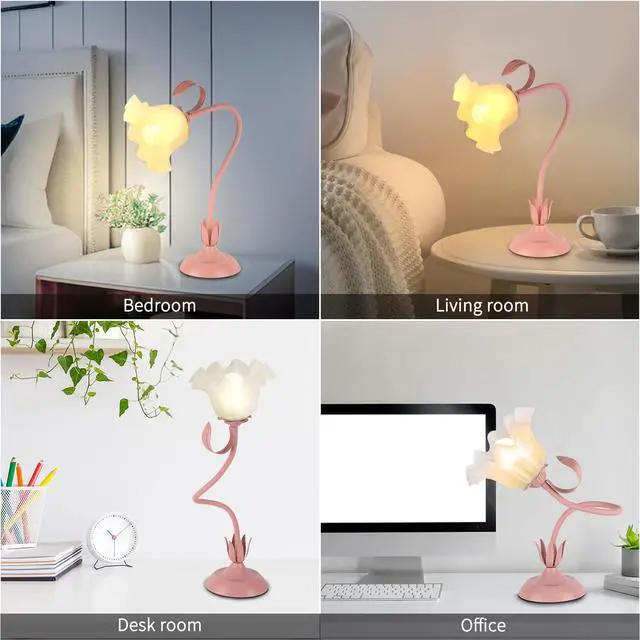Alt view image 7 of 7 - Cute Flower Desk Lamp, 3 Color Temperature Table Lamps with LED Bulb, Vintage Bedside Lamp, Reading Lamps with Soft Light for Bedroom, Living Room(Pink)