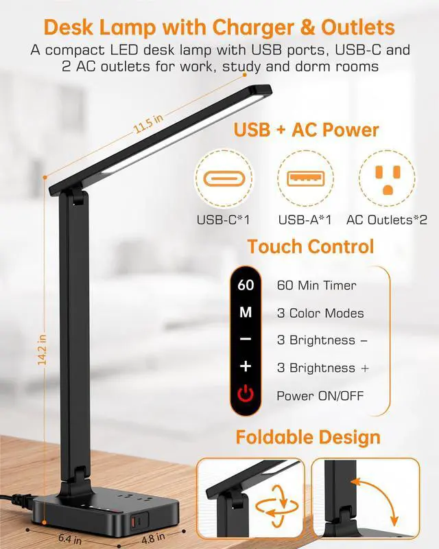 Alt view image 2 of 7 - LED Desk Lamp for Dorm Office, USB-C & 2 AC Outlets Charging, Black | LED Desk Lamps for Home Office with 2 USB Charging Ports(1 USB-C), 2 AC Outlets, Foldable Small Desk Lamp for Study Reading