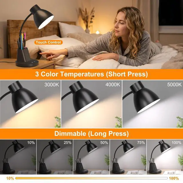 Alt view image 3 of 7 - 10W Wireless Charging LED Desk Lamp with Pen Holder, CRI 95, Black | 800LM, 3 Modes, 360°Flexible Arm, Touch, Brightness, Table Lamp for Home Office, Dorm, Bedside, Study, Reading, with Adapter