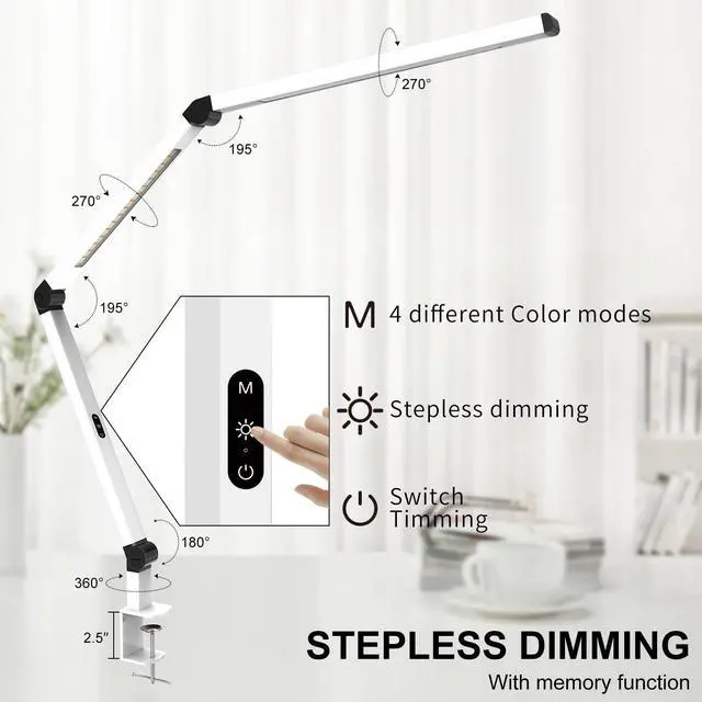 Alt view image 3 of 6 - LED Desk Lamp with Clamp, Dual Light Table Lamp with Adjustable Swing Arm, Eye-Care 4 CCT Modes & 5 Brightness Levels Clip-on Architect Modern Desk Light for Home Office Crafting Sewing