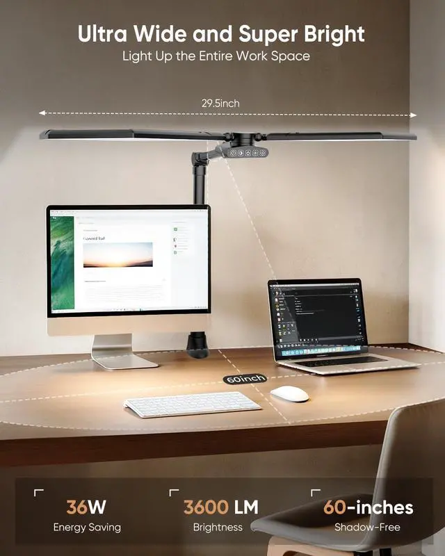 Alt view image 2 of 7 - 36W LED Desk Lamp with Clamp, Dual-Head Architect Lamp with Remote, Black | Ultra Bright 448-LED 3600LM Office Lamp, 2700K-6500K, Stepless Dimming, 60-Inch Desk Light for Workbenches and Home Offices
