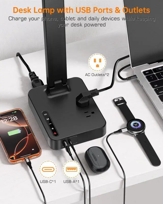 Alt view image 3 of 7 - LED Desk Lamp for Dorm Office, USB-C & 2 AC Outlets Charging, Black | LED Desk Lamps for Home Office with 2 USB Charging Ports(1 USB-C), 2 AC Outlets, Foldable Small Desk Lamp for Study Reading