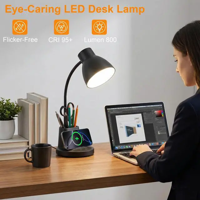Alt view image 4 of 7 - 10W Wireless Charging LED Desk Lamp with Pen Holder, CRI 95, Black | 800LM, 3 Modes, 360°Flexible Arm, Touch, Brightness, Table Lamp for Home Office, Dorm, Bedside, Study, Reading, with Adapter