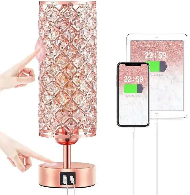 Main image of Pink Crystal Table Lamp, 3 Way Dimmable Touch Lamps for Night Stands | Rose Gold, Touch Control, USB C+A Charging Port, Desk Lamps for girls Bedroom, Living Room, Home Office, Room Decor