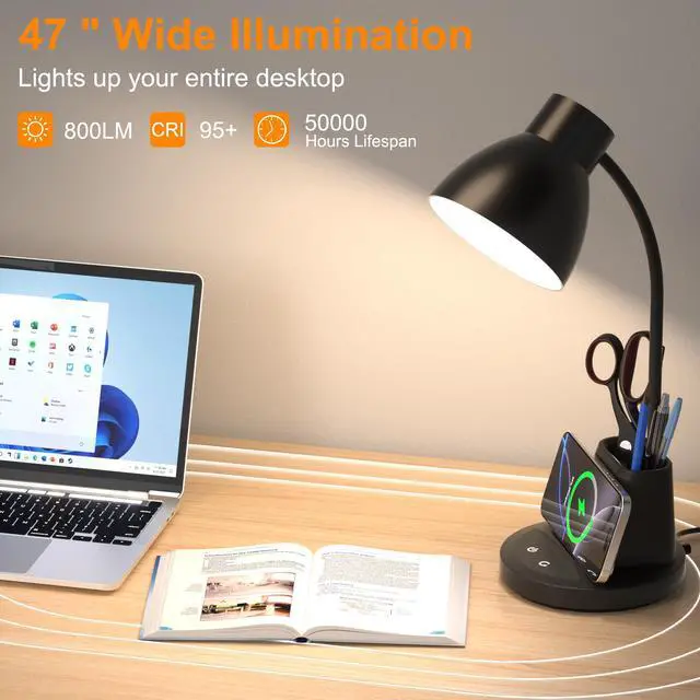 Alt view image 5 of 7 - 10W Wireless Charging LED Desk Lamp with Pen Holder, CRI 95, Black | 800LM, 3 Modes, 360°Flexible Arm, Touch, Brightness, Table Lamp for Home Office, Dorm, Bedside, Study, Reading, with Adapter