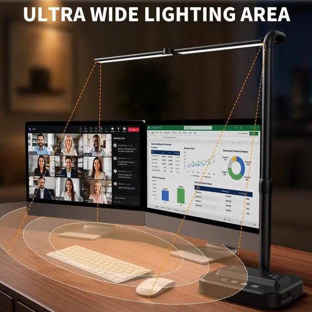 Alt view image 3 of 7 - LED Desk Lamp, Ultra Wide Computer Light, Dimmable Desk Light with USB Fast Charging, Adjustable Foldable Eye Caring Office Desk Lamp for Monitor Work Gaming Home Study