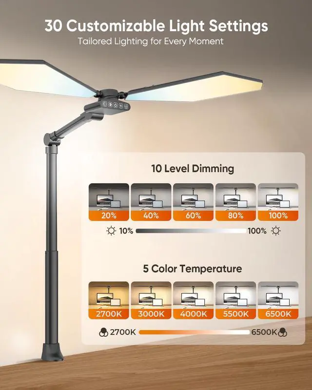 Alt view image 4 of 7 - 36W LED Desk Lamp with Clamp, Dual-Head Architect Lamp with Remote, Black | Ultra Bright 448-LED 3600LM Office Lamp, 2700K-6500K, Stepless Dimming, 60-Inch Desk Light for Workbenches and Home Offices