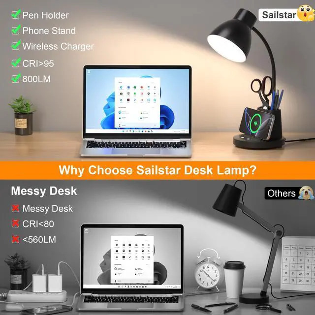 Alt view image 6 of 7 - 10W Wireless Charging LED Desk Lamp with Pen Holder, CRI 95, Black | 800LM, 3 Modes, 360°Flexible Arm, Touch, Brightness, Table Lamp for Home Office, Dorm, Bedside, Study, Reading, with Adapter