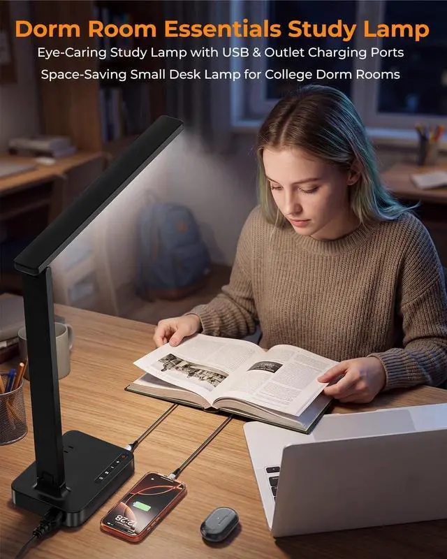 Alt view image 5 of 7 - LED Desk Lamp for Dorm Office, USB-C & 2 AC Outlets Charging, Black | LED Desk Lamps for Home Office with 2 USB Charging Ports(1 USB-C), 2 AC Outlets, Foldable Small Desk Lamp for Study Reading