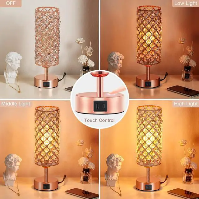 Alt view image 2 of 7 - Pink Crystal Table Lamp, 3 Way Dimmable Touch Lamps for Night Stands | Rose Gold, Touch Control, USB C+A Charging Port, Desk Lamps for girls Bedroom, Living Room, Home Office, Room Decor