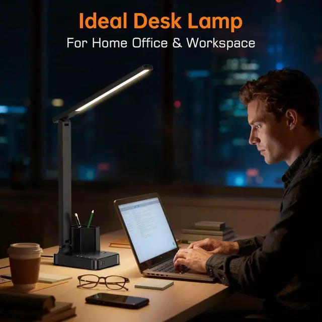 Alt view image 2 of 7 - LED Desk Lamp USB A/C AC Pen Holder Dorm Home Office Desk Light Black | Adjustable LED Desk Light with USB A/C, AC Outlet, Pen Holder; Small Desk Lamp for Dorm, Study, Craft & Home Office