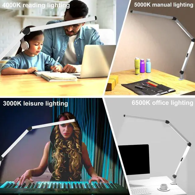 Alt view image 6 of 6 - LED Desk Lamp with Clamp, Dual Light Table Lamp with Adjustable Swing Arm, Eye-Care 4 CCT Modes & 5 Brightness Levels Clip-on Architect Modern Desk Light for Home Office Crafting Sewing