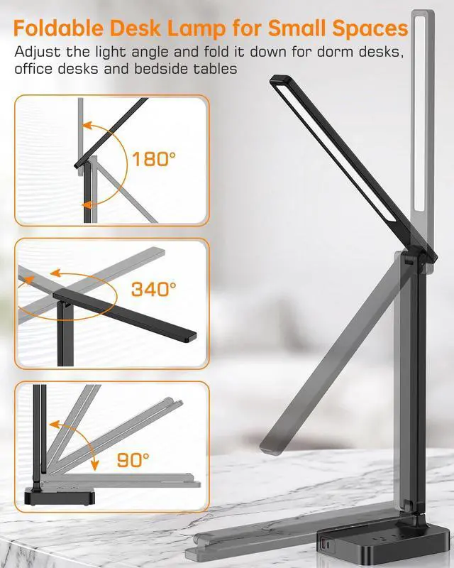 Alt view image 6 of 7 - LED Desk Lamp for Dorm Office, USB-C & 2 AC Outlets Charging, Black | LED Desk Lamps for Home Office with 2 USB Charging Ports(1 USB-C), 2 AC Outlets, Foldable Small Desk Lamp for Study Reading