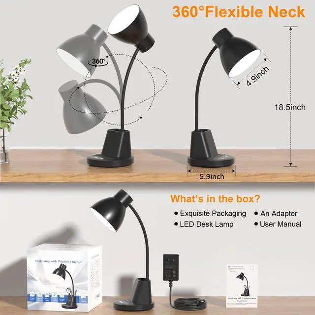 Alt view image 7 of 7 - 10W Wireless Charging LED Desk Lamp with Pen Holder, CRI 95, Black | 800LM, 3 Modes, 360°Flexible Arm, Touch, Brightness, Table Lamp for Home Office, Dorm, Bedside, Study, Reading, with Adapter