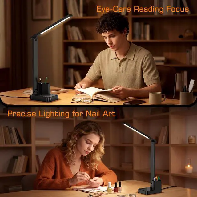 Alt view image 3 of 7 - LED Desk Lamp USB A/C AC Pen Holder Dorm Home Office Desk Light Black | Adjustable LED Desk Light with USB A/C, AC Outlet, Pen Holder; Small Desk Lamp for Dorm, Study, Craft & Home Office