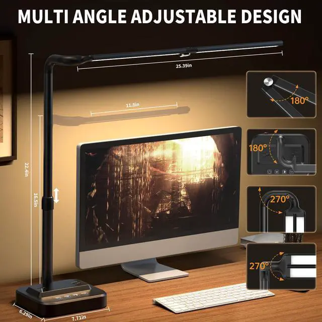 Alt view image 4 of 7 - LED Desk Lamp, Ultra Wide Computer Light, Dimmable Desk Light with USB Fast Charging, Adjustable Foldable Eye Caring Office Desk Lamp for Monitor Work Gaming Home Study