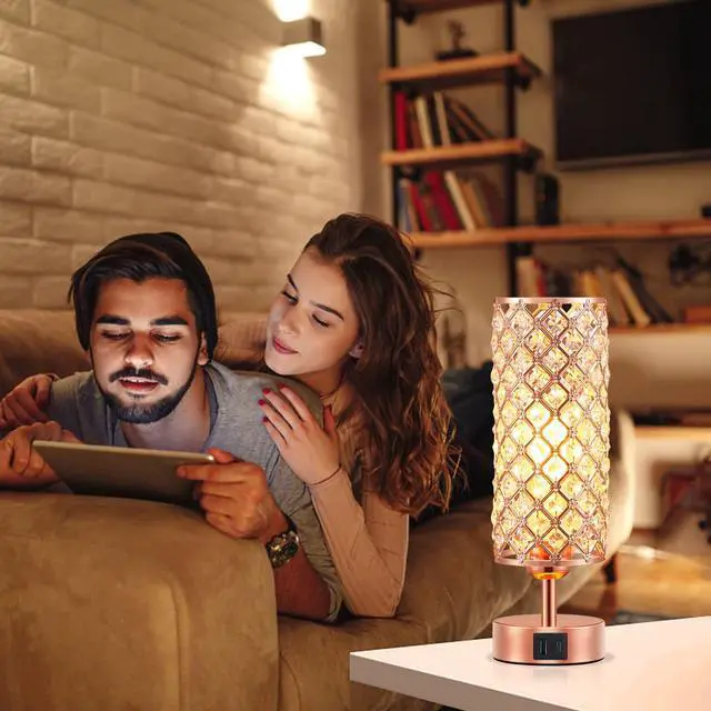 Alt view image 3 of 7 - Pink Crystal Table Lamp, 3 Way Dimmable Touch Lamps for Night Stands | Rose Gold, Touch Control, USB C+A Charging Port, Desk Lamps for girls Bedroom, Living Room, Home Office, Room Decor