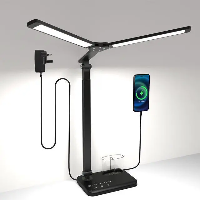 Main image of Woputne LED Desk Lamp Dual Heads, Dual USB Port, Height Adjustable, 15W | 5 Light Modes & Dimmable Brightness,Desk Lamps for Home Office Bedside Lamp for Reading, Craft, Work, Study (Black)