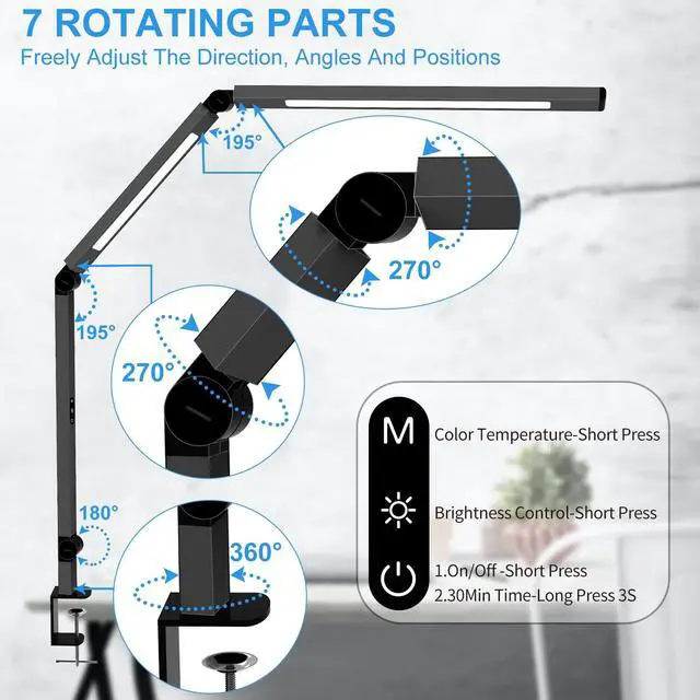 Alt view image 3 of 6 - LED Desk Lamp with Clamp, Architect Desk Lamp with Dual Light and Adjustable Swing Arm, Clip-on Eye-Care 4 CCT Modes & 5 Brightness Levels Table Light Modern Computer Lighting for Home Office